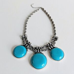 Vintage Coastal Teal Medallions Necklace Twisted Rope Chain Silver Tone